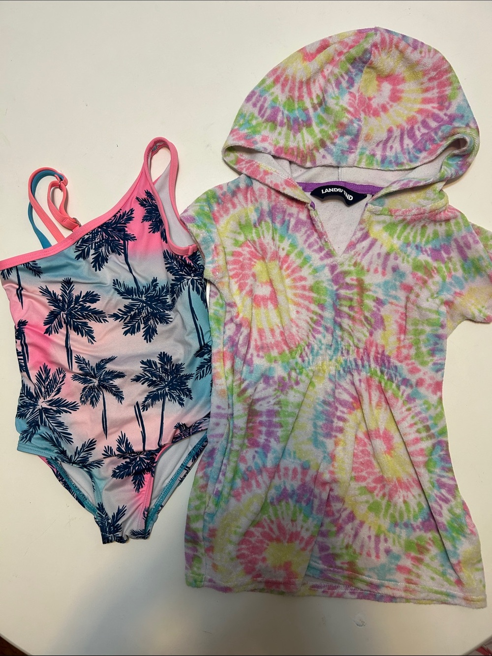 Lands' End Pastel Tie-Dye Hooded Cover-Up with Pink & Aqua Palm One-Piece